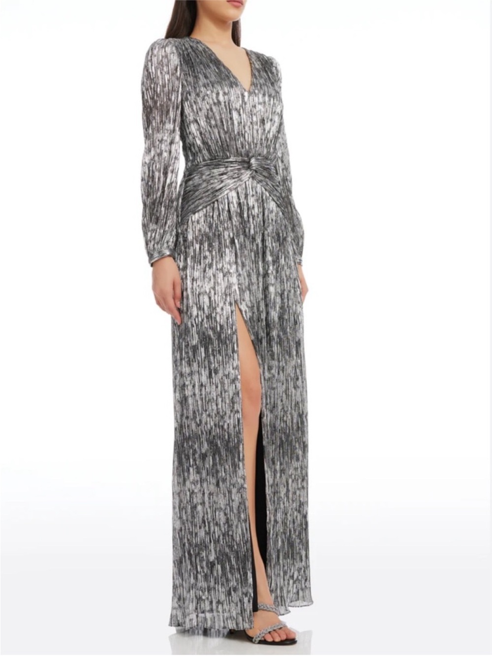 Dress The Population Cia Long V-Neck Twist Waist Maxi Dress in Black Silver Size